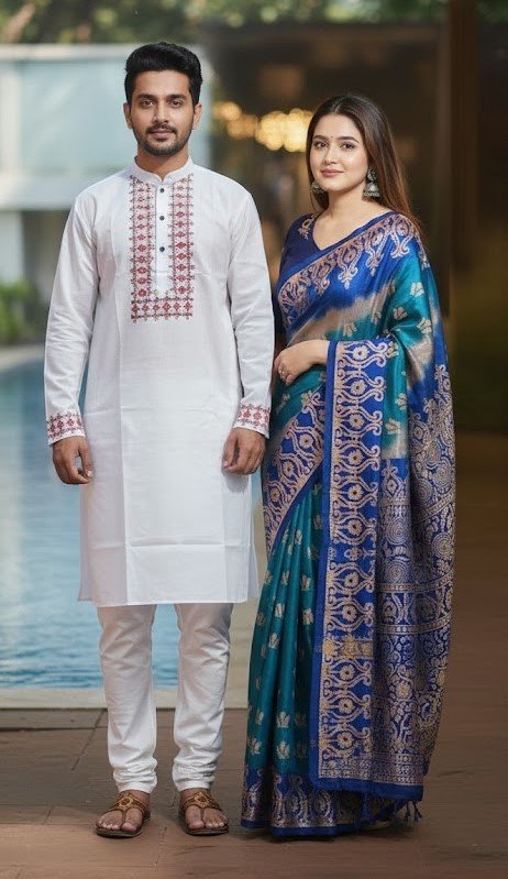 কাপল ড্রেস কালেকশন চান্দুরি সিল্ক শাড়ি ও ধুপিয়ান পাঞ্জাবি